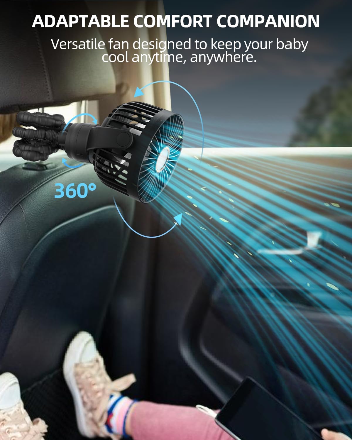 Portable Stroller Mini Fan, Small Rechargeable Personal Fan, Baby Travel Essentials for Wagon, Car Seat, Treadmill, Battery Powered Biking Gear Accessories, 360° Rotation, 3-Speed, DisTLay, Black