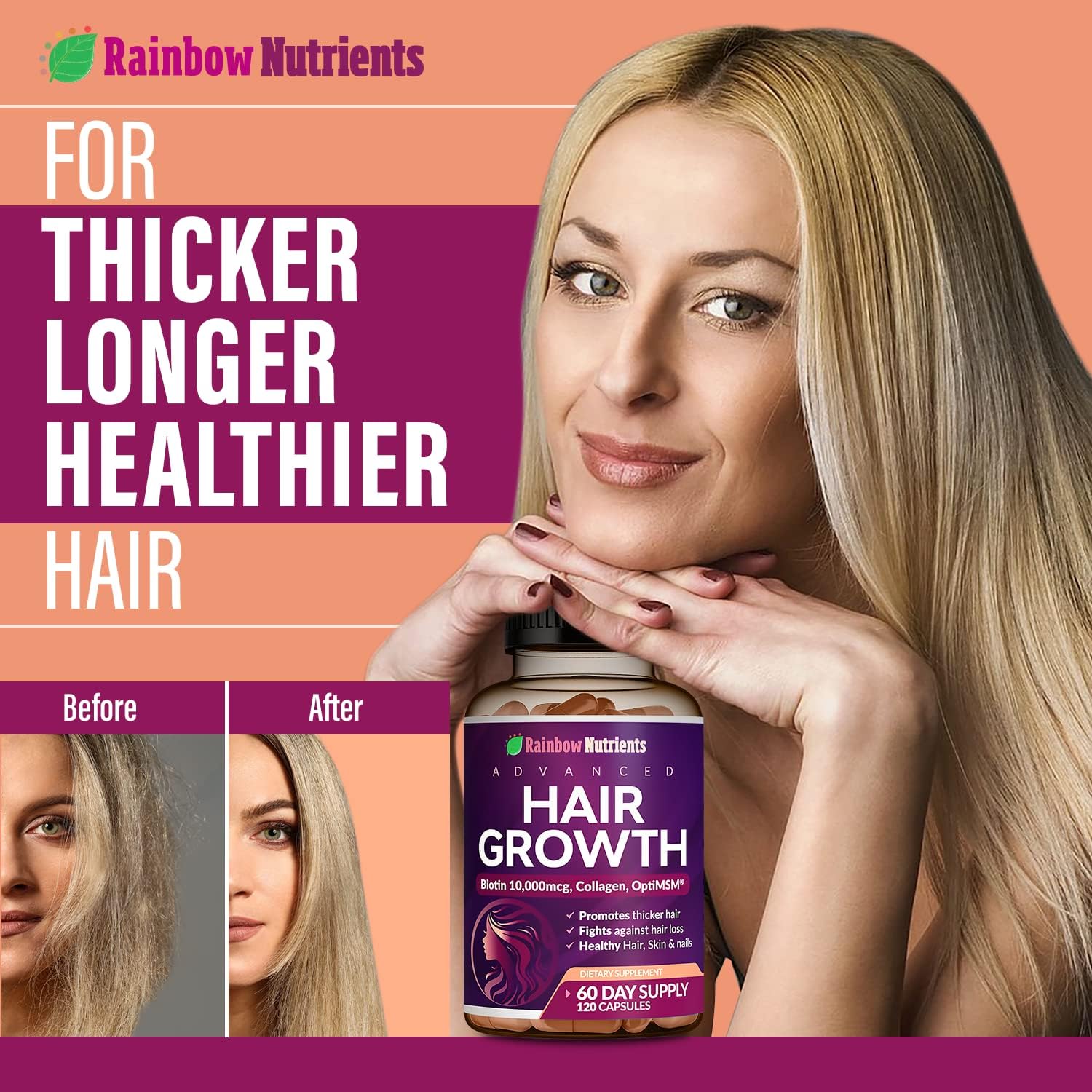 Hair Growth Vitamins for Women | Biotin 10,000mcg, Collagen, Patented OptiMSM®, goMCT®, Saw Palmetto | Naturally Regrow Stronger & Healthier Hair, Skin and Nails | Stops Hair Loss | 60 Day SupTLy
