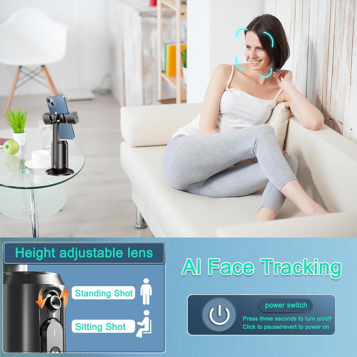 Crienten Auto Face Tracking Tripod 360° Rotating Auto Tracking Phone Stand, No App Required,Phone Camera Stand with Remote，Rechargeable Smart Shooting Stand for Live Video Recording Tiktok - Black