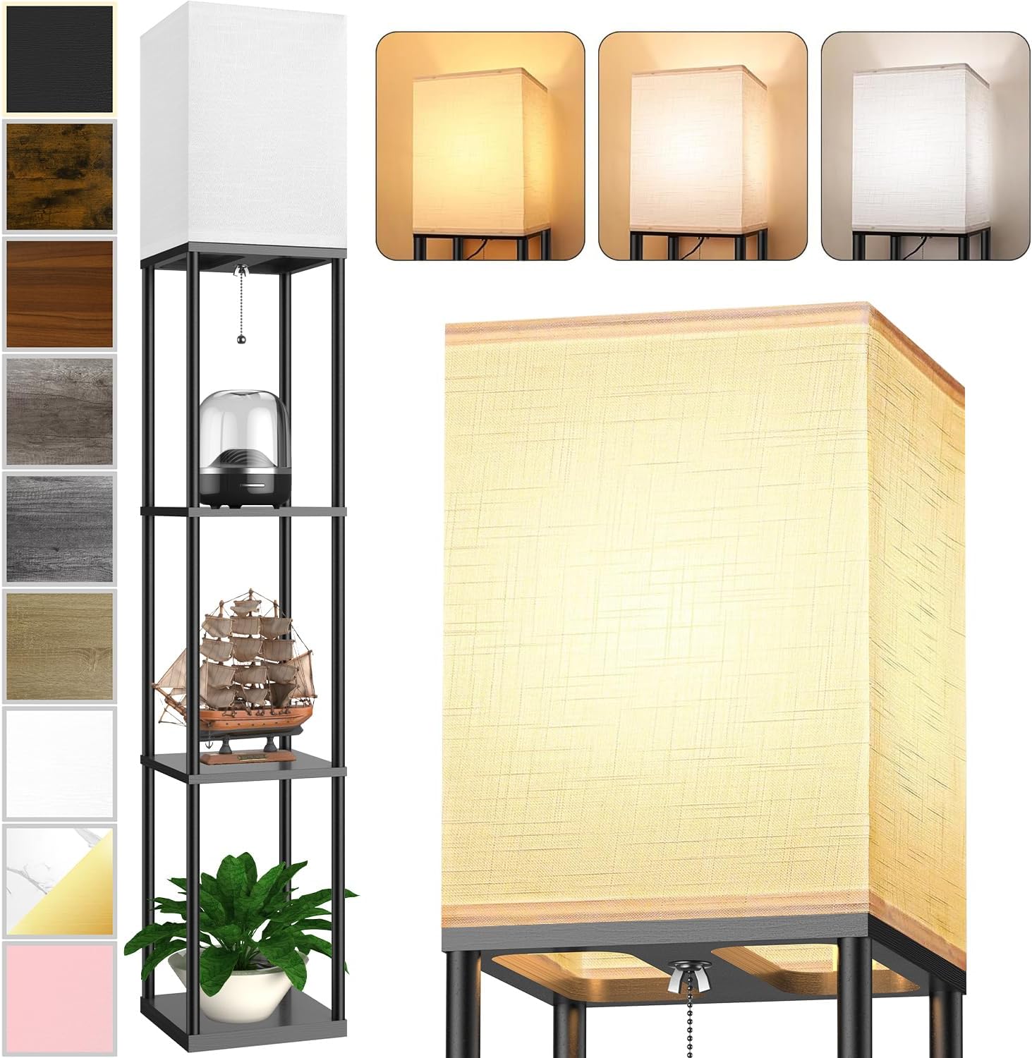 Floor Lamp with Shelves for Living Room, Shelf Floor Lamp with 3 CCT LED Bulb, Corner DisTLay Standing Column Lamp Etagere Organizer Tower Nightstand with White Linen Shade for Bedroom, Office