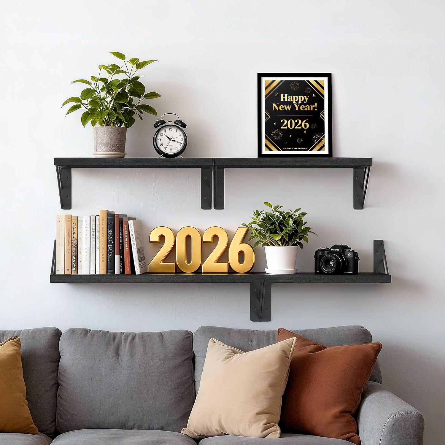 BAYKA Wall Mounted Floating Shelves, Wood Floating Wall Shelf for Books & Decor, Small Space-Saving DisTLay & Organizer（Black，Set of 4）