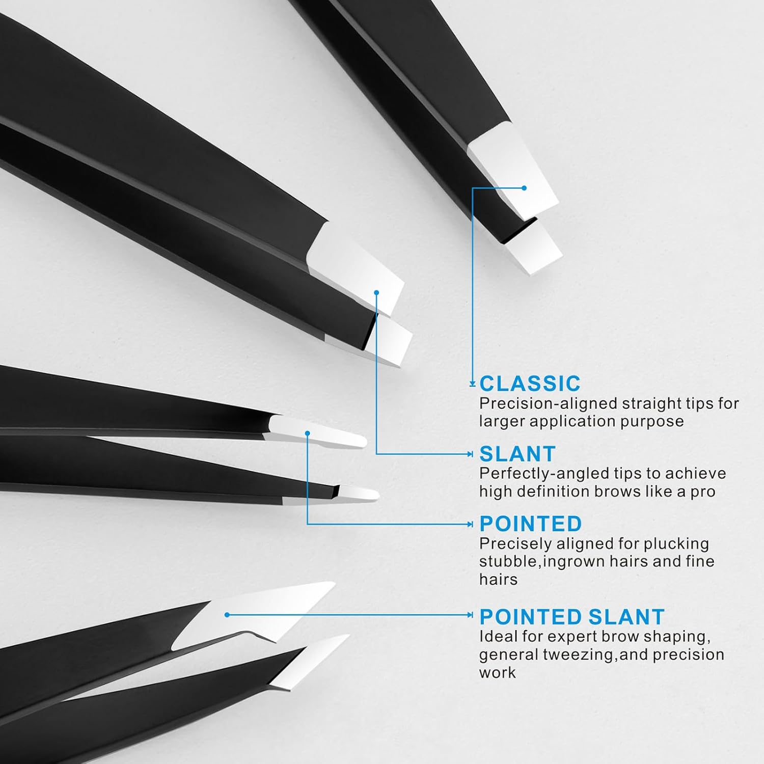 Pefei Tweezers Set - Professional Stainless Steel Tweezers for Eyebrows - Great Precision for Facial Hair, STLinter and Ingrown Hair Removal (Black)
