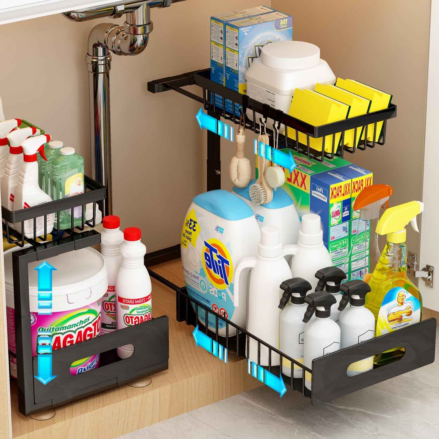 ADBIU Under Sink Organizer, 2 Pack 2 Tier Expandable Height (13.2" - 17.2") Pulling Out Kitchen Bathroom Cabinet Organizers