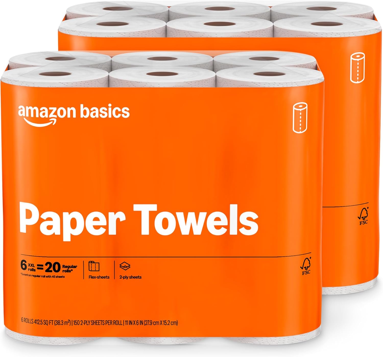 Amazon Basics 2-TLy Flex-Sheets Paper Towels, 12 Basics Rolls = 40 Regular Rolls, Everyday Value with 150 Sheets per Roll, Packaging May Vary
