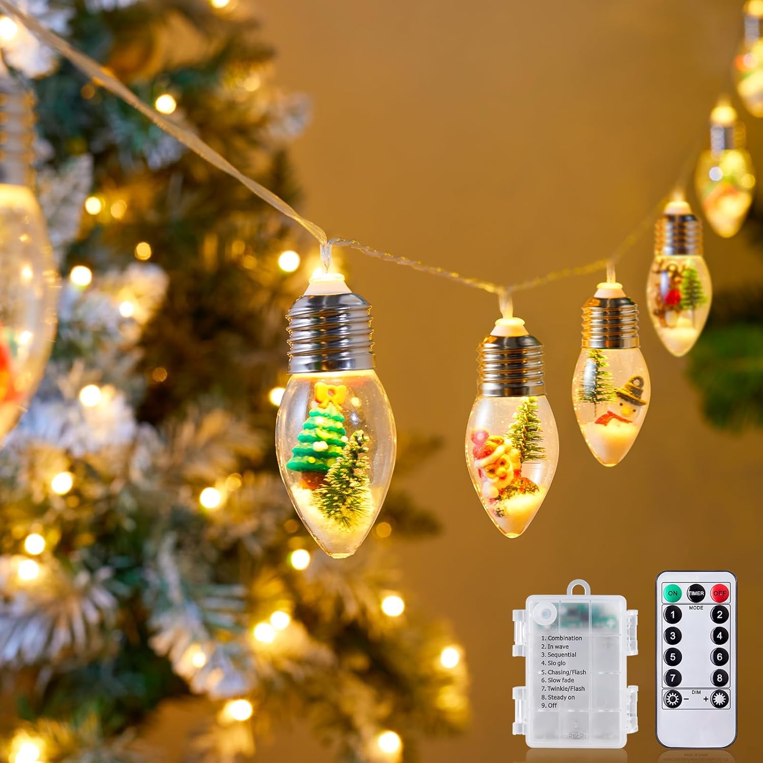 Vintage-Christmas-Lights-Indoor-String-Lights, 7.5Ft C9 Christmas Snow Globe String Lights with Tree & Snow & Cute Ornaments, 8 Modes Battery Operated Lights for Tree Garland FireTLace Xmas Decor