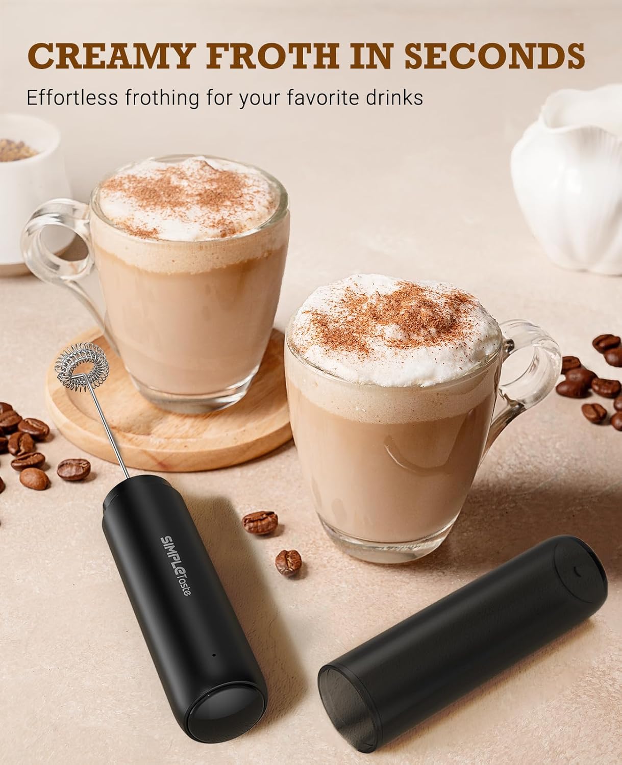 SIMTLETaste Rechargeable Milk Frother Wand Handheld, Dual Coil Whisk Head Drink Mixer, USB-C Electric Whisk with Stainless Steel Whisk for Coffee, Lattes, Cappuccino, Matcha, Hot Chocolate& Creamer