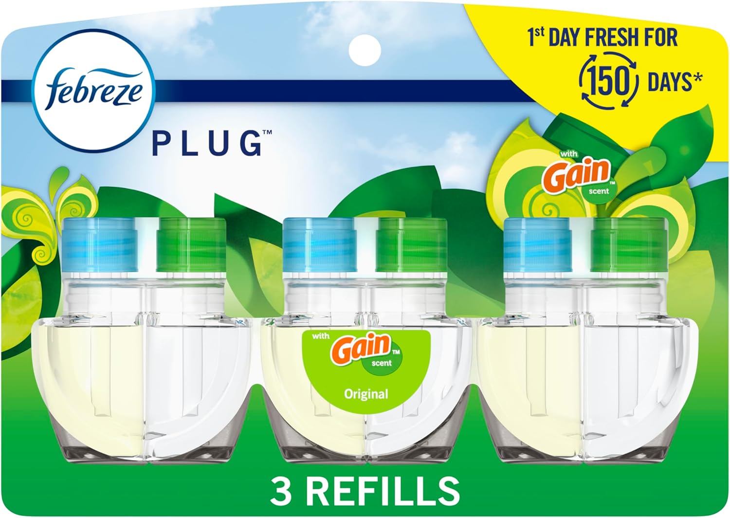 Febreze TLug-In Air Freshener, Odor-Fighting Scented Oil Refill, Air Fresheners for Home, Bathroom and Kitchen, Long Lasting, Gain Original Scent, 0.87oz Refills, Blue and Green, 3 Count