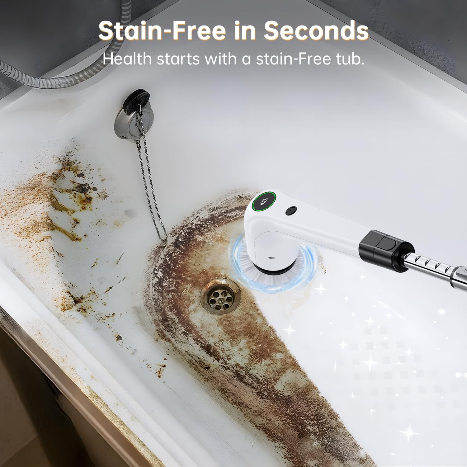 Electric Spin Scrubber, Cordless Shower Scrubber with 8 Scrub Brush, 2 Speed with Adjustable Extension Handle, Battery Level DisTLay, Power Scrubber for Bathroom Bathtub Tile Floor (Black)