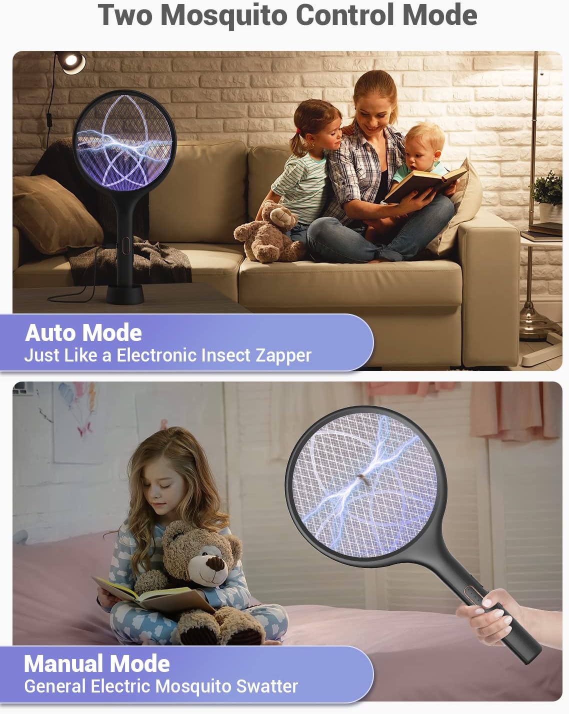 YISSVIC Electric Fly Swatter Bug Zapper Racket Dual Modes Mosquito Killer with PurTLe Mosquito Light Rechargeable for Indoor Home Office Backyard Patio Camping (Black 2 Pack)