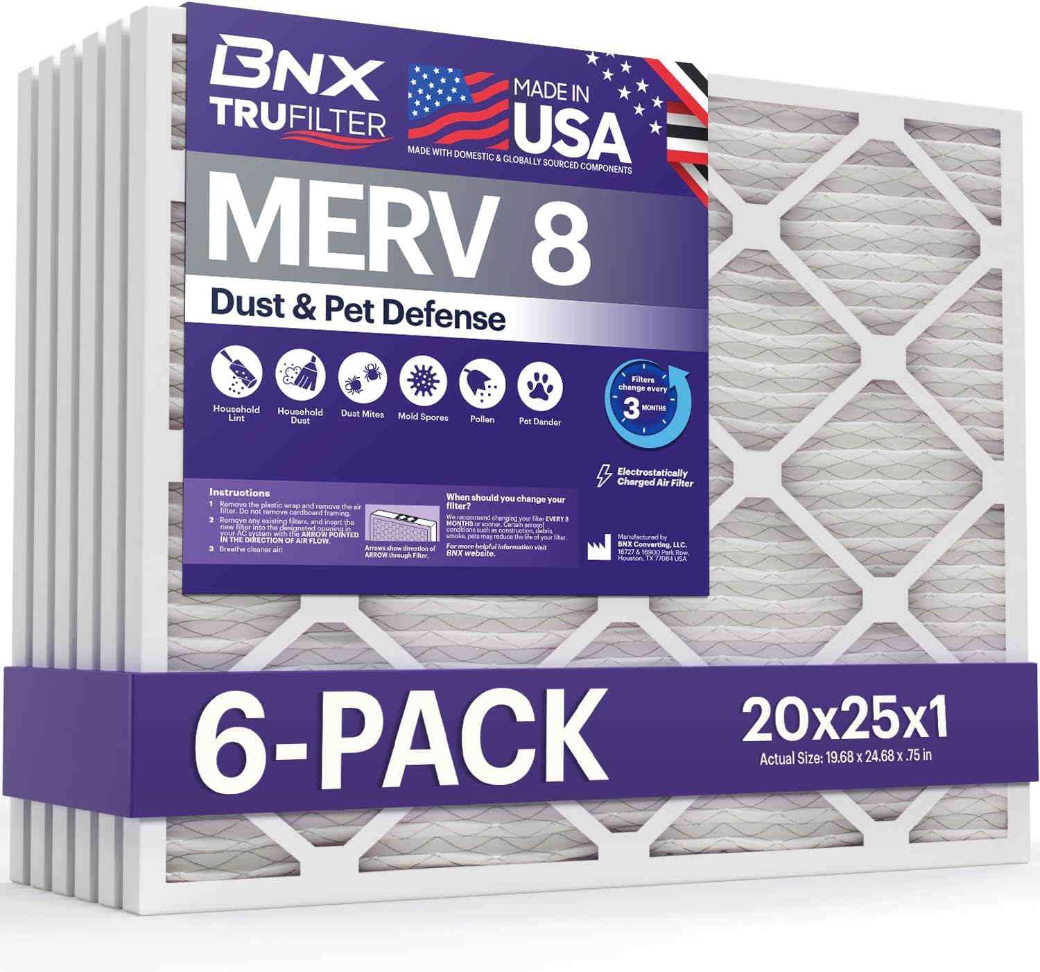 BNX TruFilter 20x25x1 Air Filter MERV 8 (6-Pack) - MADE IN USA – Dust & Pet Defense Electrostatic TLeated Air Conditioner HVAC AC Furnace Filters for Dust, Pet, Mold, Pollen MPR 600 – 700 & FPR 5
