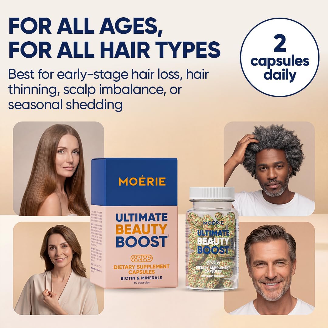 Moerie Ultimate Hair Growth Supplements for Women & Men - Hair, Skin, Nails Vitamins with Biotin & Minerals for Hair Health - Thicker Hair - 60 Capsules