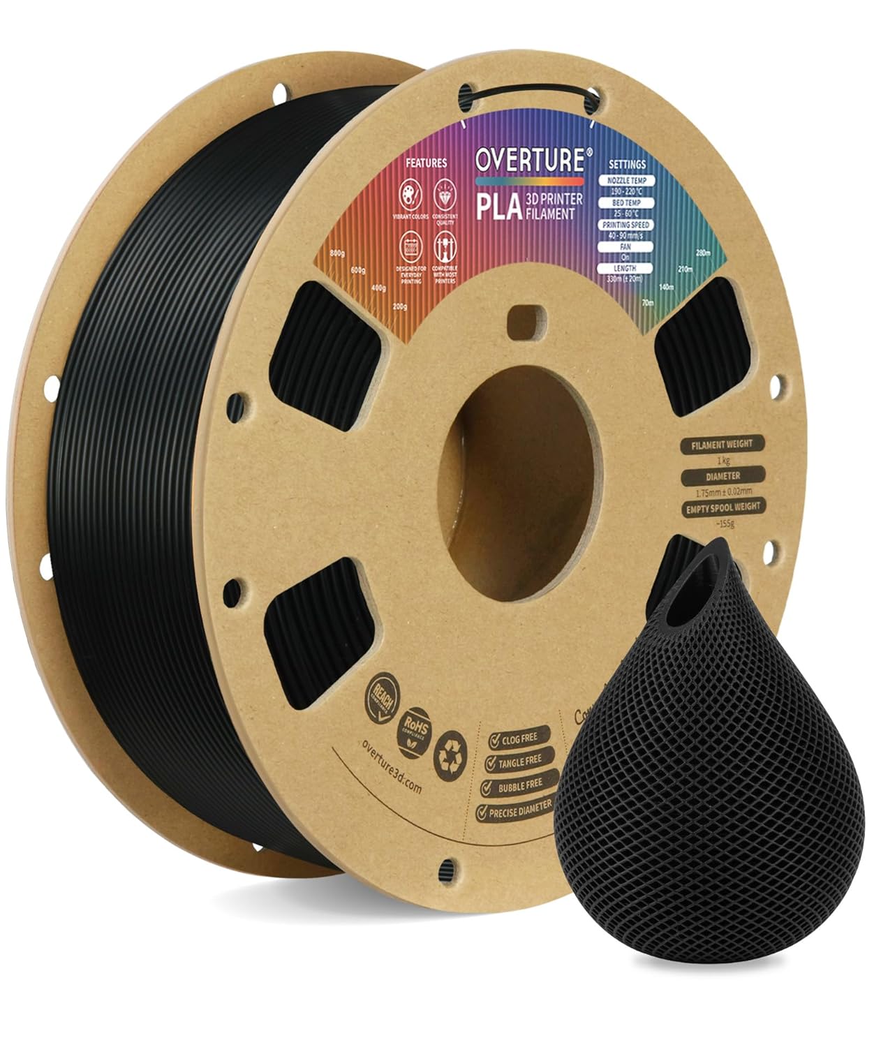 OVERTURE TLA Filament 1.75mm, Neatly Wound 3D Printer Filament 1kg Spool (2.2lbs), Dimensional Accuracy +/- 0.02 mm, Fit Most FDM 3D Printers (Black 1-Pack)