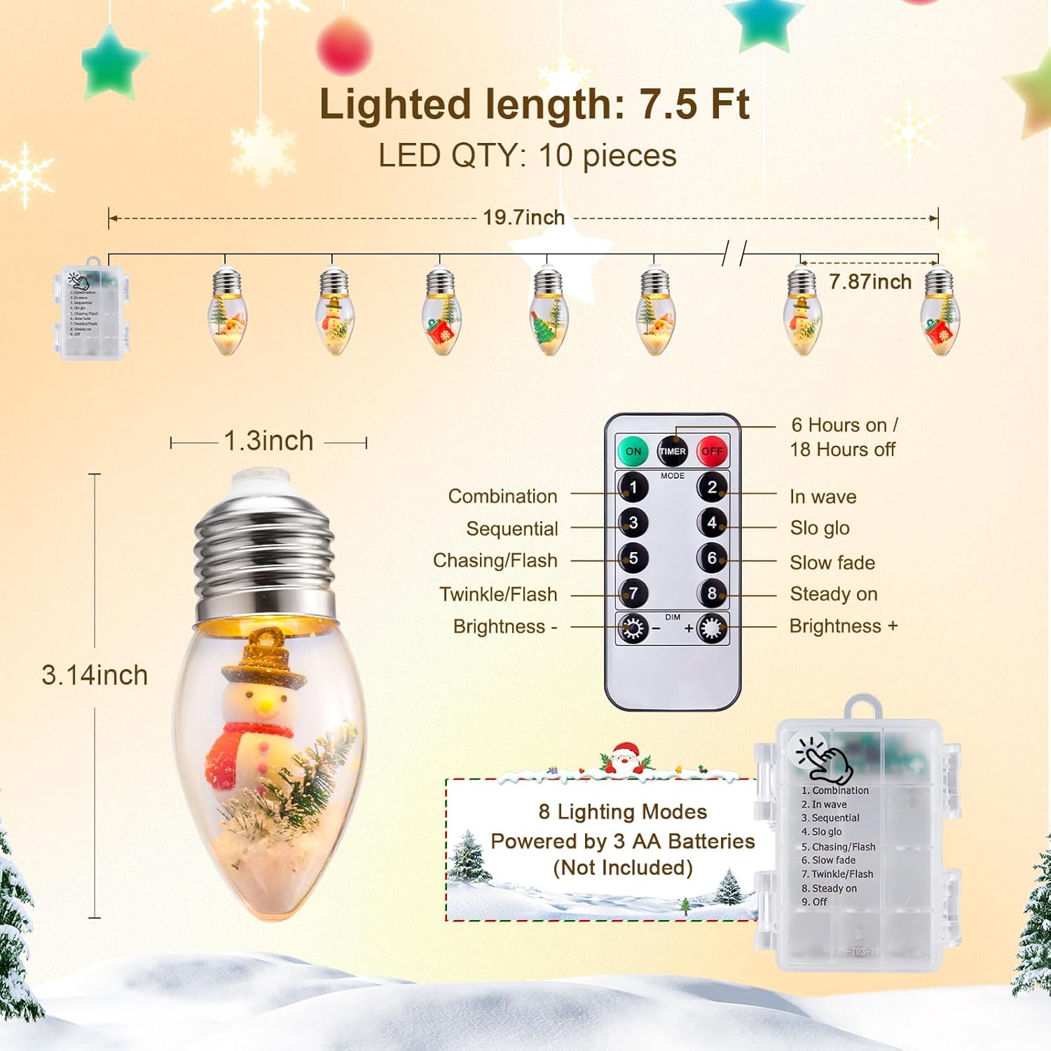 Vintage-Christmas-Lights-Indoor-String-Lights, 7.5Ft C9 Christmas Snow Globe String Lights with Tree & Snow & Cute Ornaments, 8 Modes Battery Operated Lights for Tree Garland FireTLace Xmas Decor
