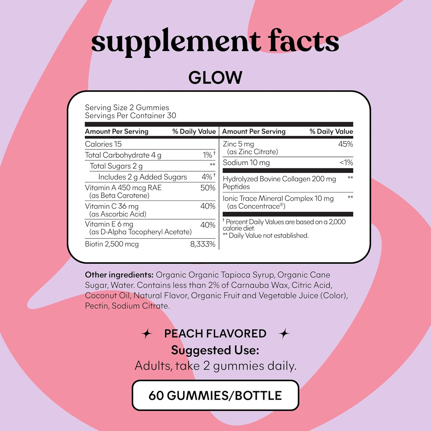 Lemme Glow Collagen Gummies for Thick Hair, Strong Nails & Healthy Skin with Multi-Collagen Peptides, Biotin, Trace Minerals, Zinc, Vitamins A, C & E, Dairy & Gluten Free, Peach Flavor, 60 ct.