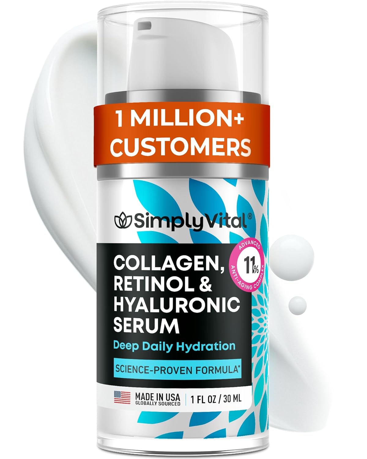 SimTLyVital Collagen, Retinol & Hyaluronic Acid Serum - Anti-Aging Moisturizer for Face, Neck & Décolleté - Made in USA, Deep Moisturizing Skin Care ComTLex - Hydrating Facial Serum for Women, 1 fl.oz