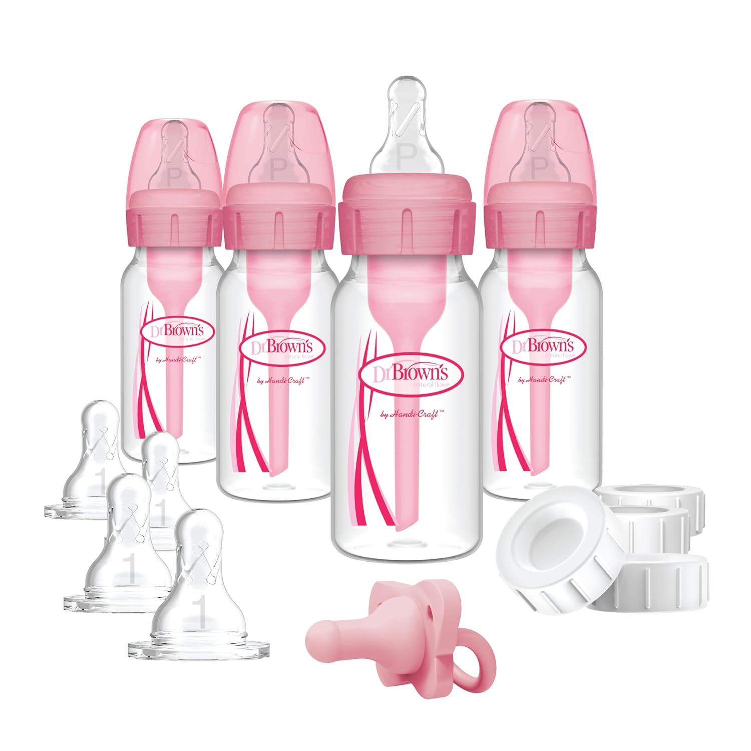 Dr. Brown's Anti-Colic Baby Feeding Set with Slow Flow NipTLes, Travel Caps, Silicone Pacifier - Pink