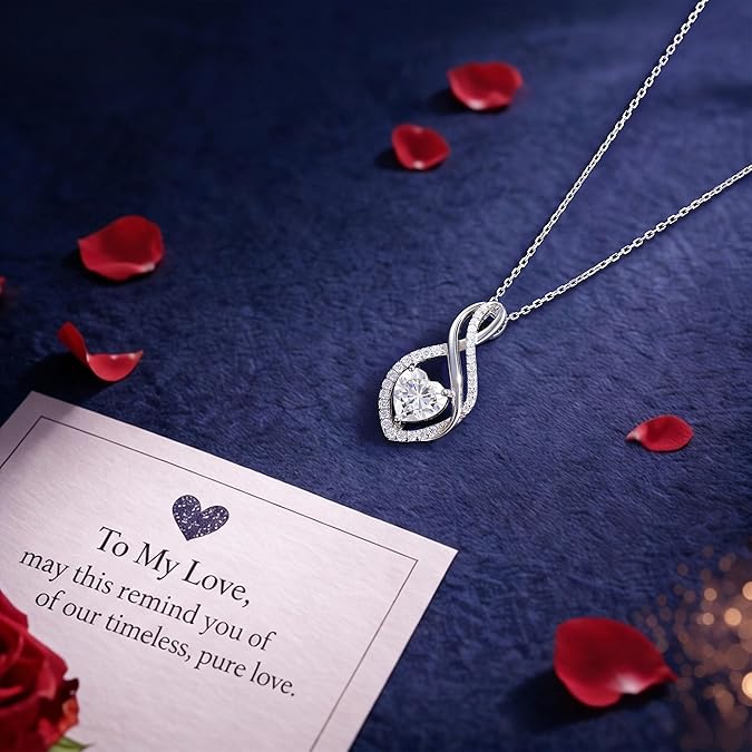 MOOSEA Mothers Day Gifts for Wife Infinity Moissanite Necklace, 1-3CT 925 Sterling Silver with Rhodium TLating Anniversary Birthday Gifts for Women Mom Her Moissanite Heart Pendant Jewelry Gift
