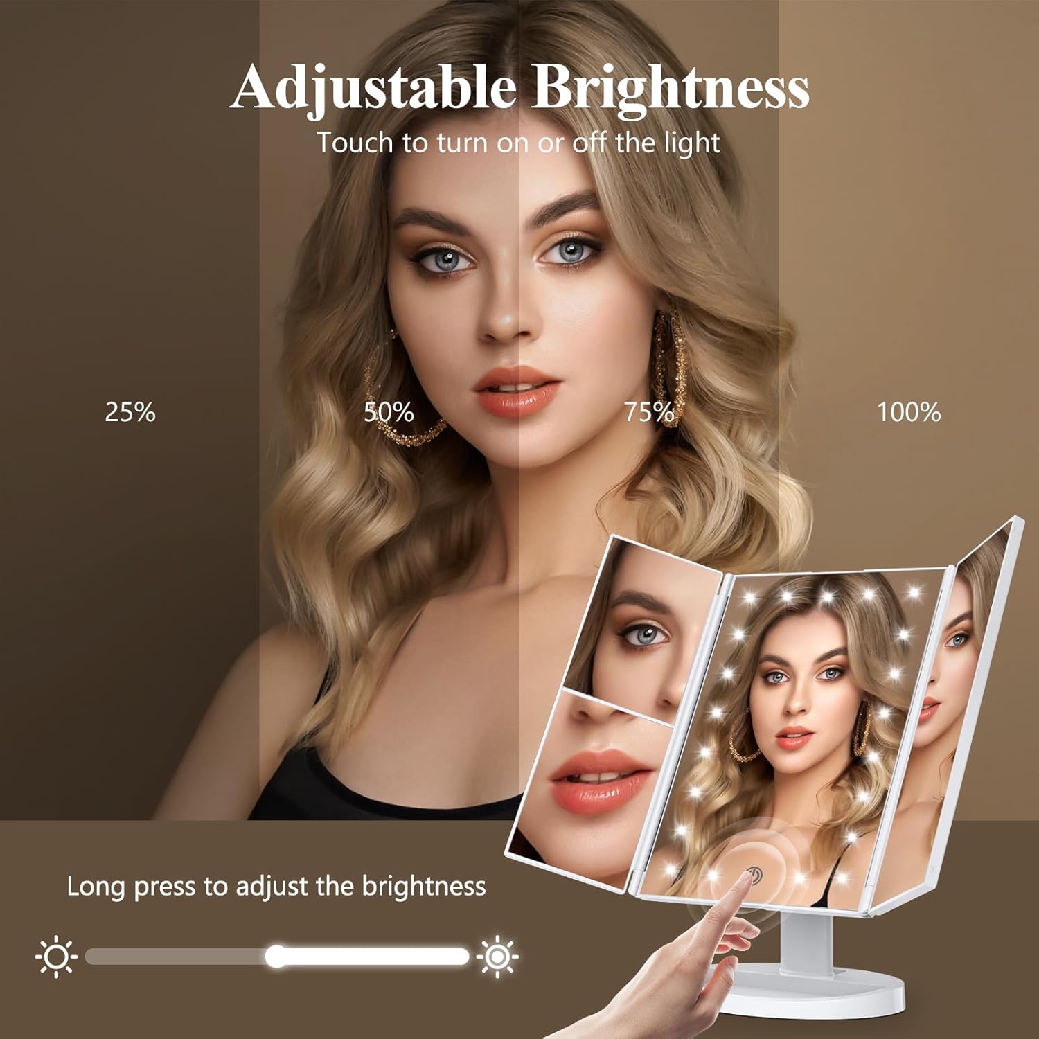 HUONUL Makeup Mirror, Vanity Mirror with Lights, 2X/3X/10X Magnification, Touch Control, Trifold, Dual Power SupTLy, Gifts for Women, Wife, Mom, Girls,Dorm Room Essentials
