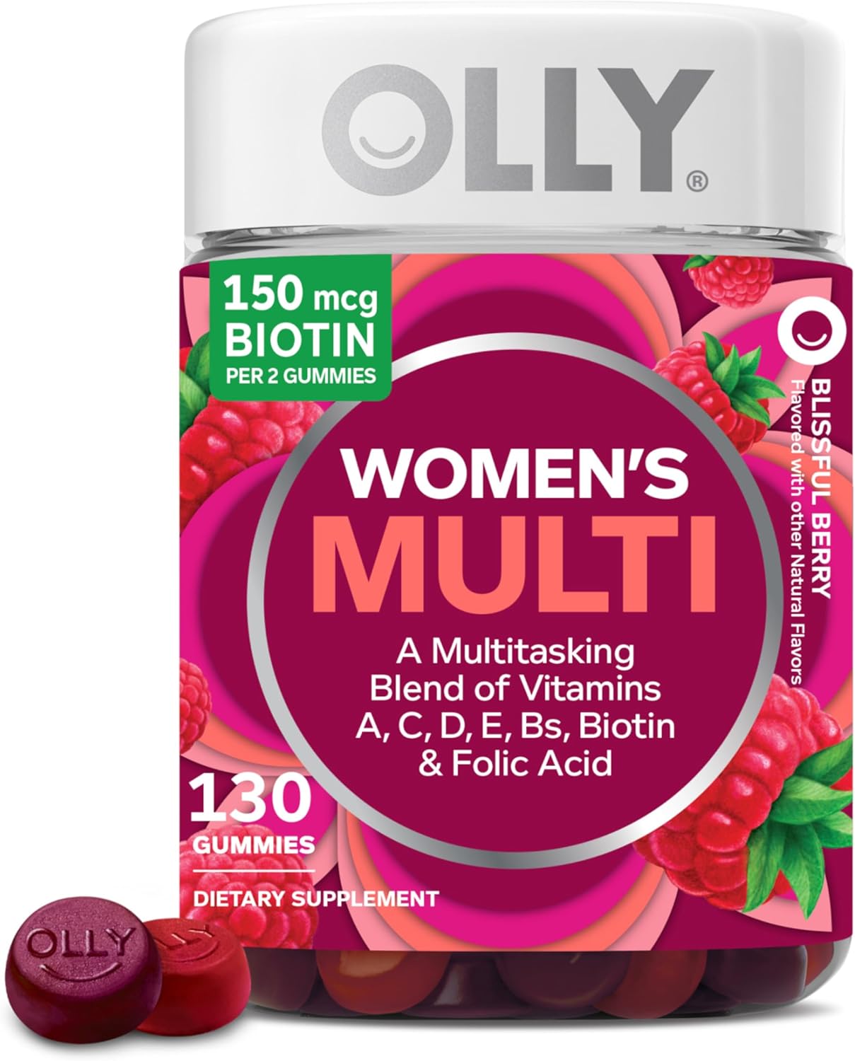 OLLY Women's Daily Multivitamin Gummy, Vitamins A, D, C, E, Biotin, Folic Acid, Adult Chewable Vitamin, Berry Flavor, 65 Day SupTLy - 130 Count