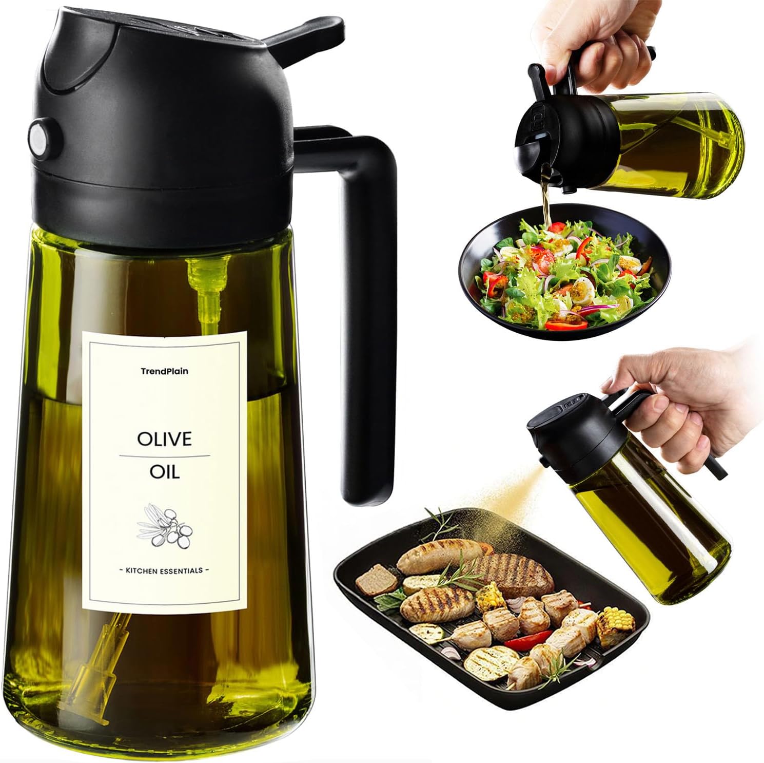 TrendTLain - Original 16oz/470ml Olive Oil Dispenser Bottle for Kitchen Gadgets and Air Fryer Accessories - Olive Oil Sprayer for Cooking w/Stickers - Black