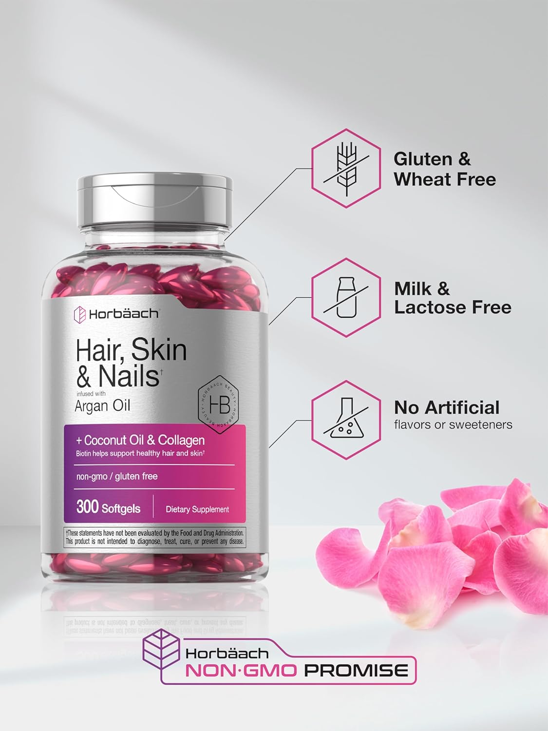Horbäach Hair Skin and Nails Vitamins | 300 Softgels | with Biotin and Collagen | Infused with Argan Oil and Coconut Oil | Non-GMO, Gluten Free SupTLement