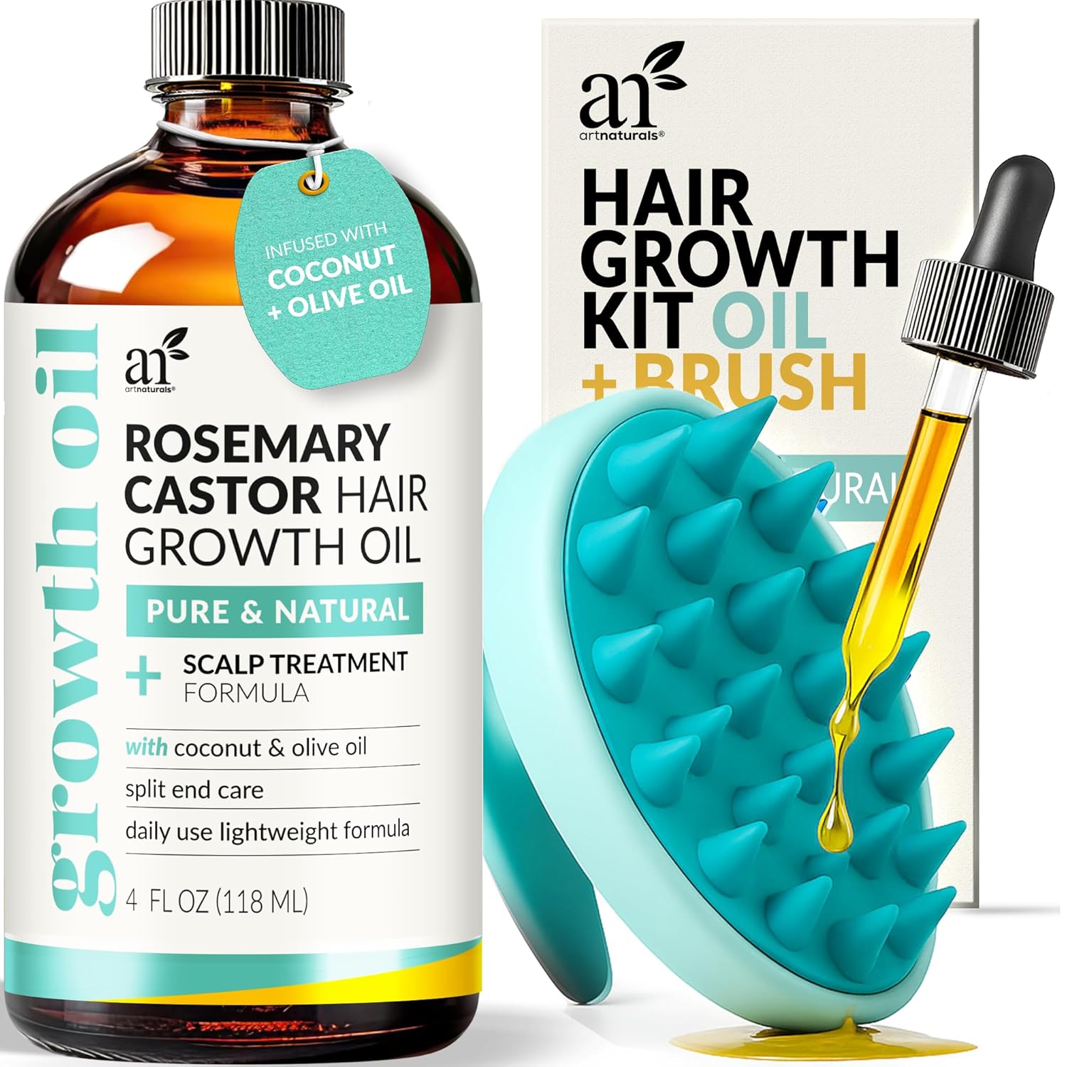 Artnaturals Organic Rosemary Castor Hair Oil + Massager Hair Growth Set Hair Growth Oil 4 ounces with Coconut & Olive Oil for Dry, Damaged & STLit End