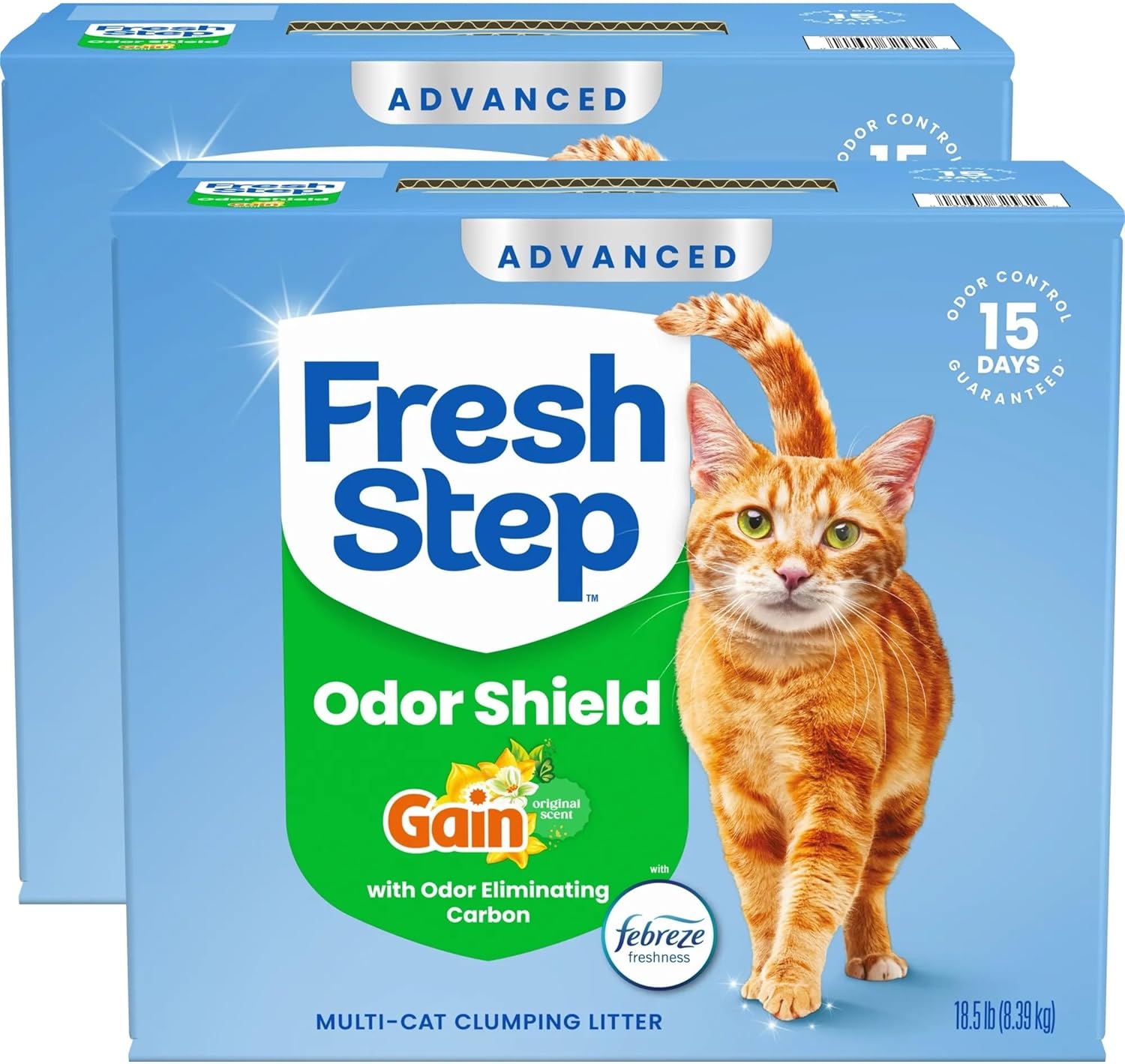 Fresh Step Odor Shield Advanced Multi Cat Clumping Litter with Febreze Freshness, Gain Original Scent, 18.5 lb Each, Pack of 2 (Package May Vary)