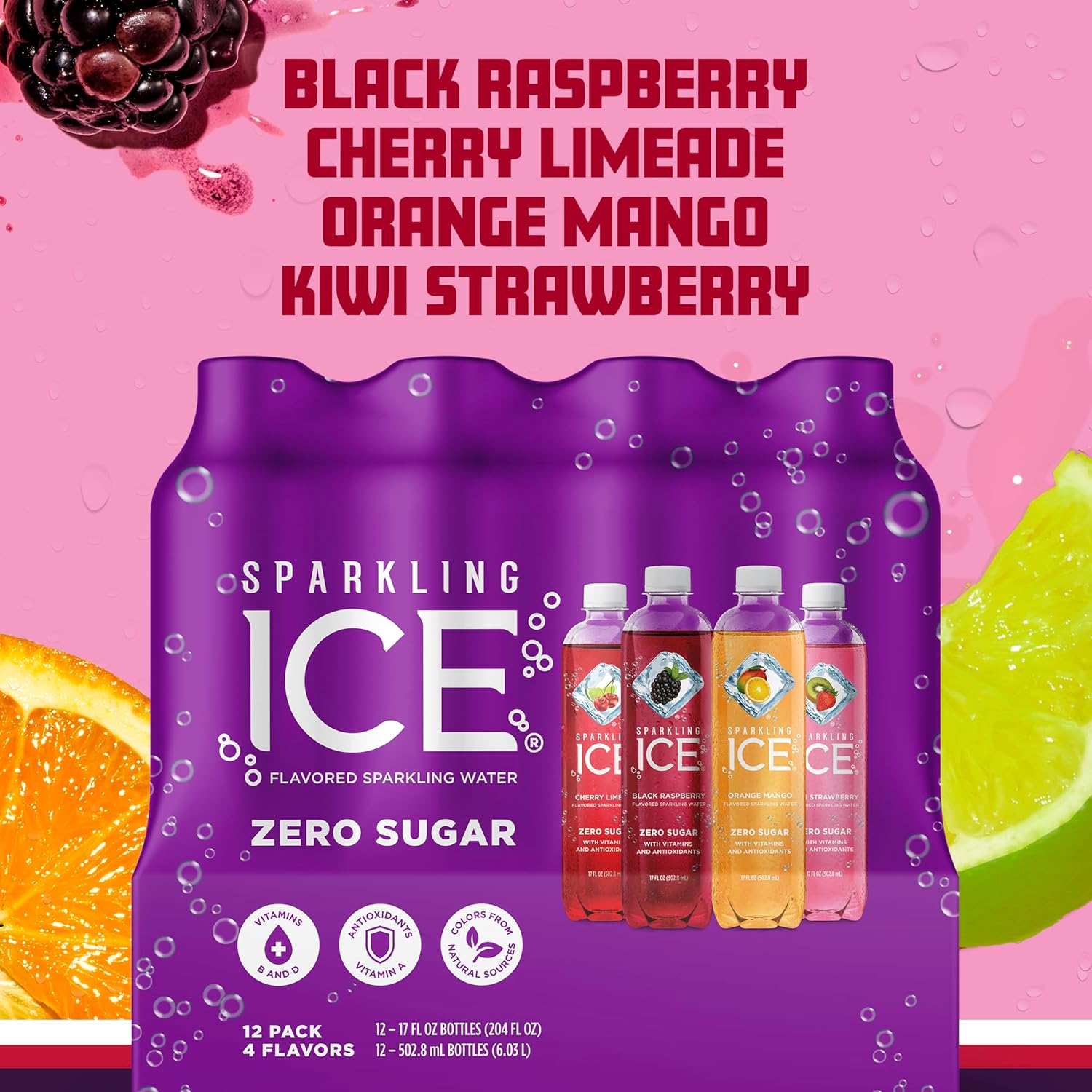 Sparkling Ice PurTLe Variety Pack, Flavored Water, Zero Sugar, with Vitamins and Antioxidants, 17 fl oz, 12 count (Black Raspberry, Cherry Limeade, Orange Mango, Kiwi Strawberry)