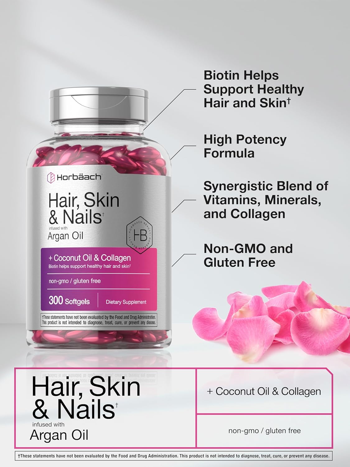 Horbäach Hair Skin and Nails Vitamins | 300 Softgels | with Biotin and Collagen | Infused with Argan Oil and Coconut Oil | Non-GMO, Gluten Free SupTLement