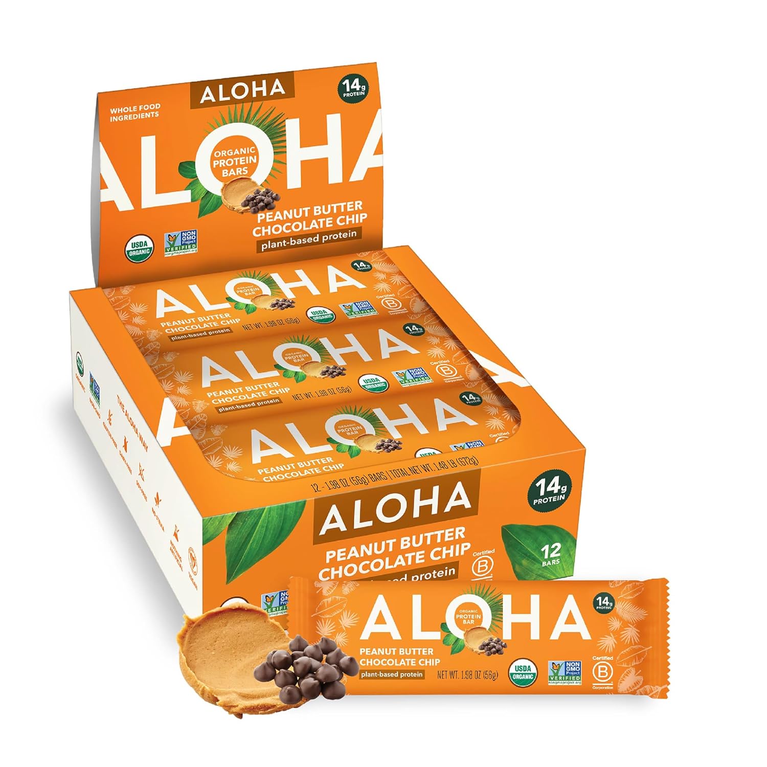 ALOHA Organic TLant Based Protein Bars |Peanut Butter Chocolate Chip | 1.98 Oz (Pack of 12) | Vegan, Low Sugar, Gluten Free, Paleo, Low Carb, Non-GMO, Stevia Free, Soy Free, No Sugar Alcohols