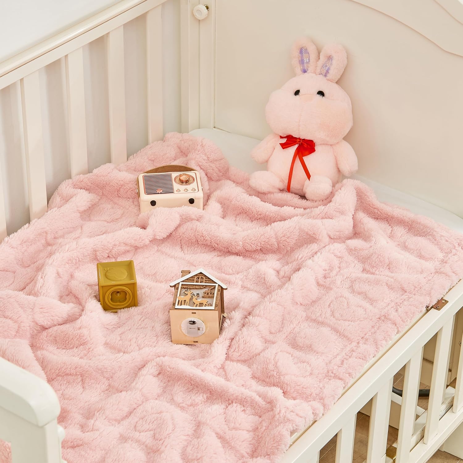 Yurhap Fleece Baby Blanket Heart Checkered Blanket, Ultra Soft Cozy Baby Blankets for Girls Boys, Fluffy Infant Toddler Newborn Receiving Blankets for Crib Stroller 30”×40” (Light Pink)