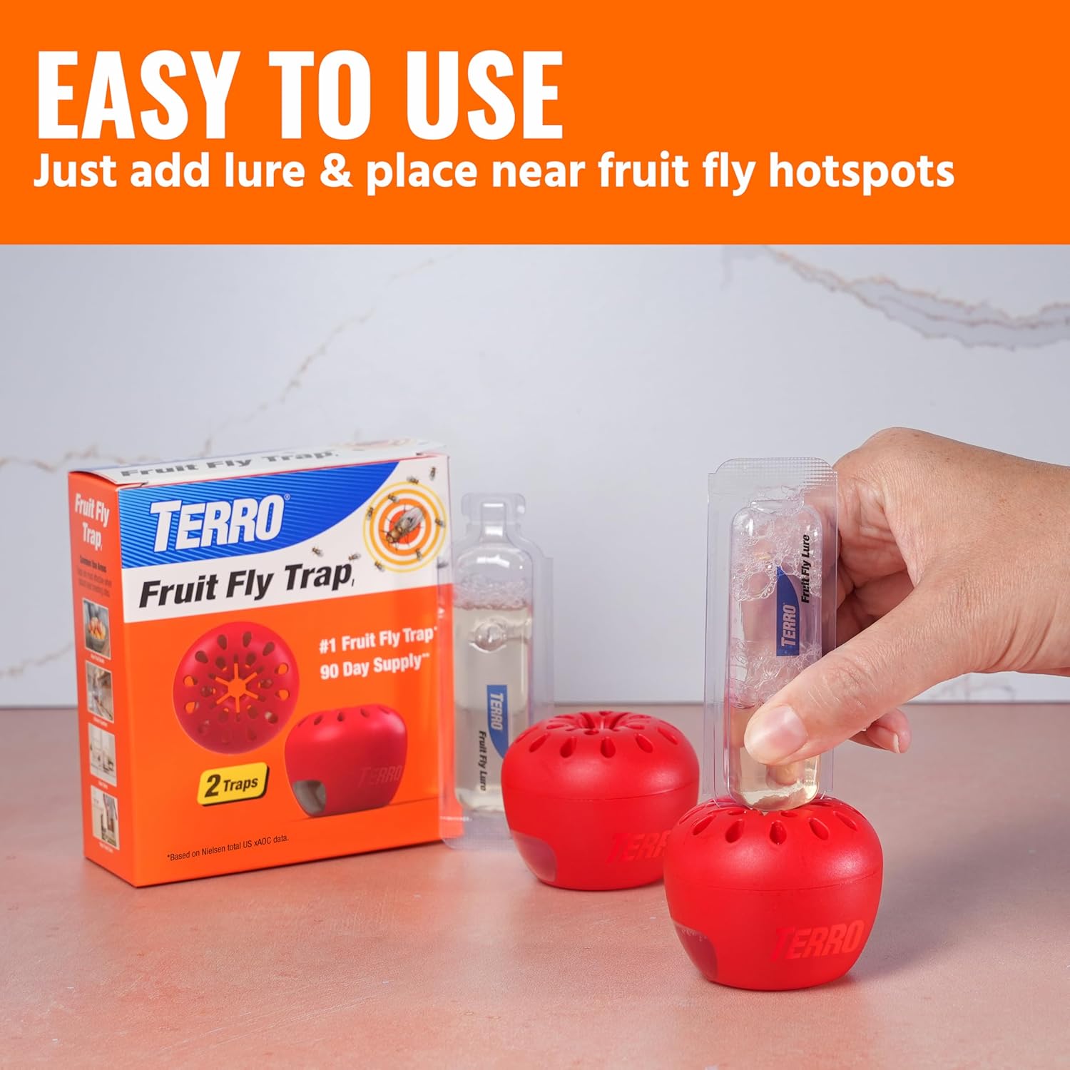 TERRO Fruit Fly Traps for Indoors (4 Pack) + 180 Days of Lure SupTLy - T2503SR - Lure and Kill Indoor Fruit Flies Near Fruit, Trash Cans, Countertops - Ready to Use Trap - 180 Day SupTLy