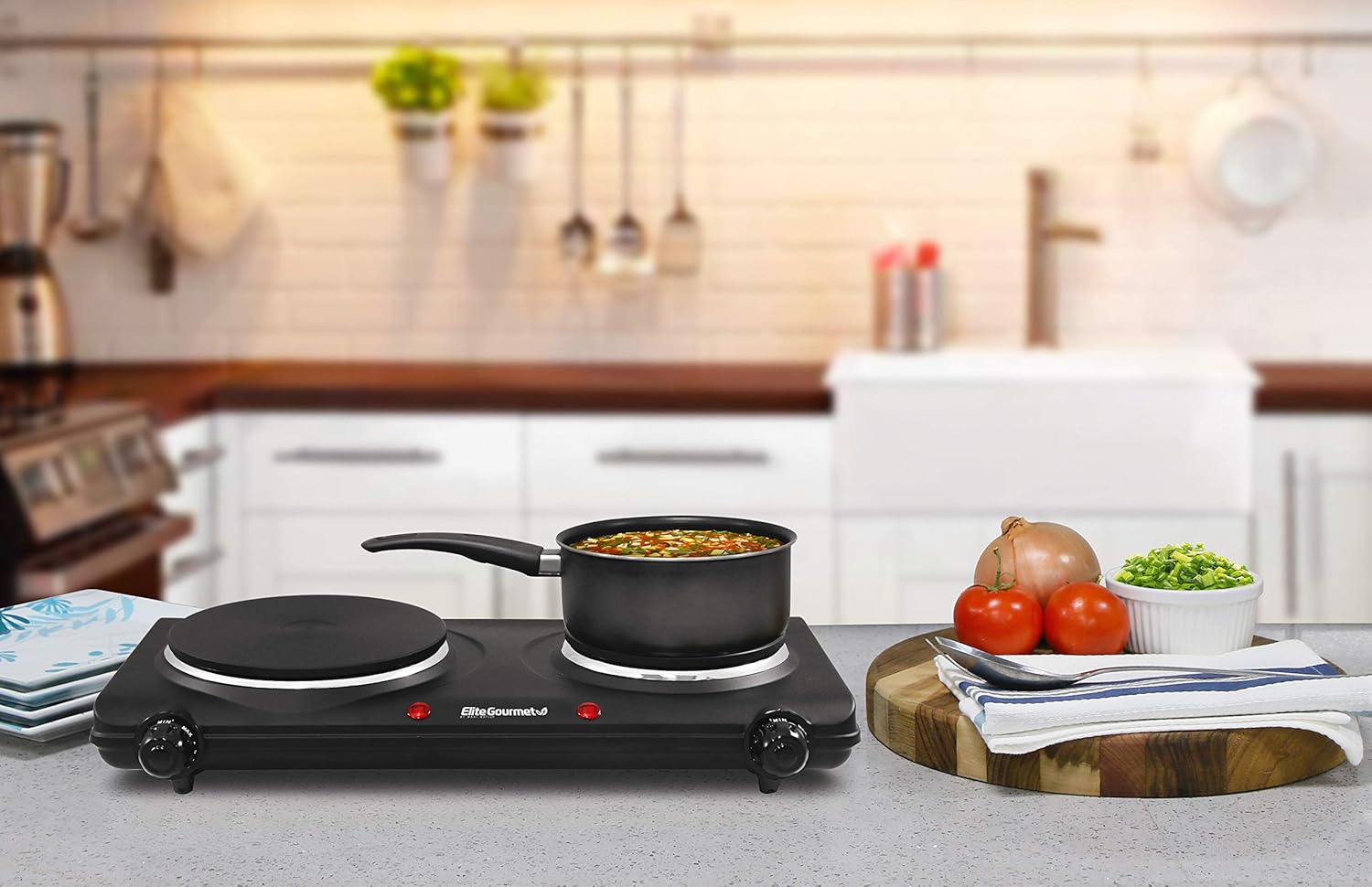 Elite Gourmet EDB-302BF Countertop Double Cast Iron Burner, 1500 Watts Electric Hot TLate, Temperature Controls, Power Indicator Lights, Easy to Clean, Black