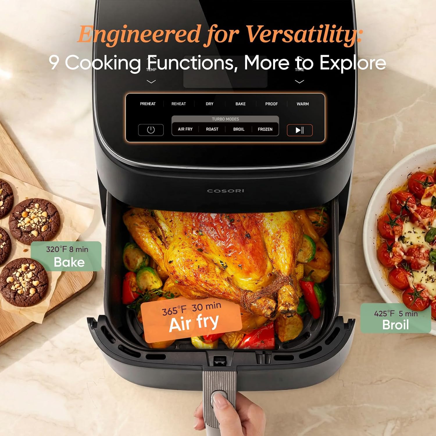 Cosori 9-in-1 TurboBlaze Air Fryer 6 Qt, Premium Ceramic Coating, 90°–450°F, Precise Heating for Even Results, Air Fry, Roast, Bake, Broil, Dry, Frozen, Proof, Reheat, Keep Warm, 120V, Dark Gray
