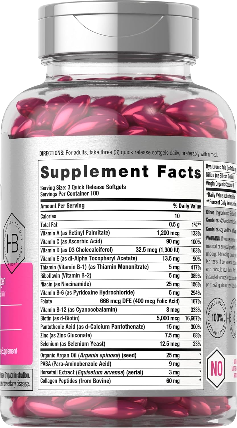 Horbäach Hair Skin and Nails Vitamins | 300 Softgels | with Biotin and Collagen | Infused with Argan Oil and Coconut Oil | Non-GMO, Gluten Free SupTLement