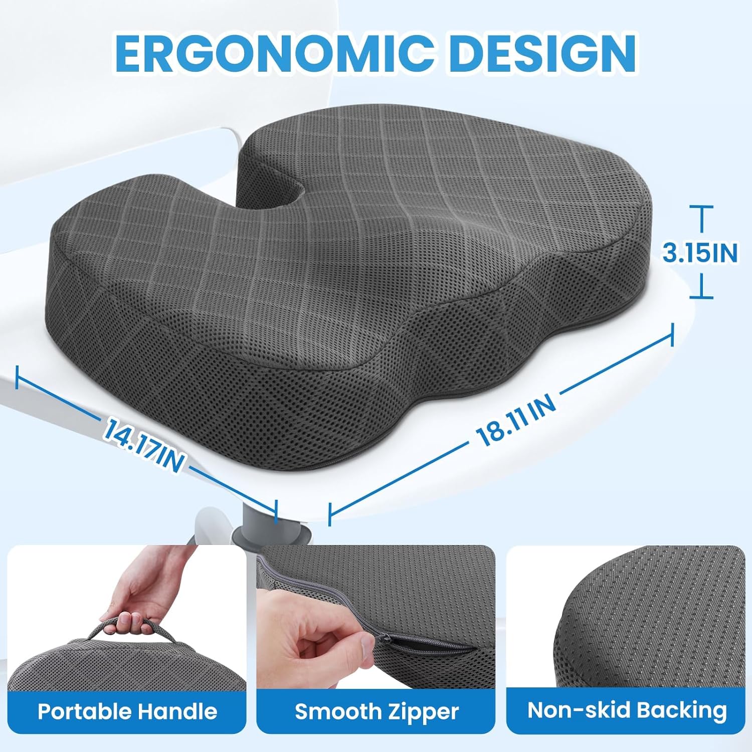 TushGuard Seat Cushion - Memory Foam Cushion for Office Chair, Car Seat, AirTLane, Bleacher - Sciatica & Hip & Coccyx Pain Relief Desk Chair Cushion for Long Sitting Office Workers, Car Drivers
