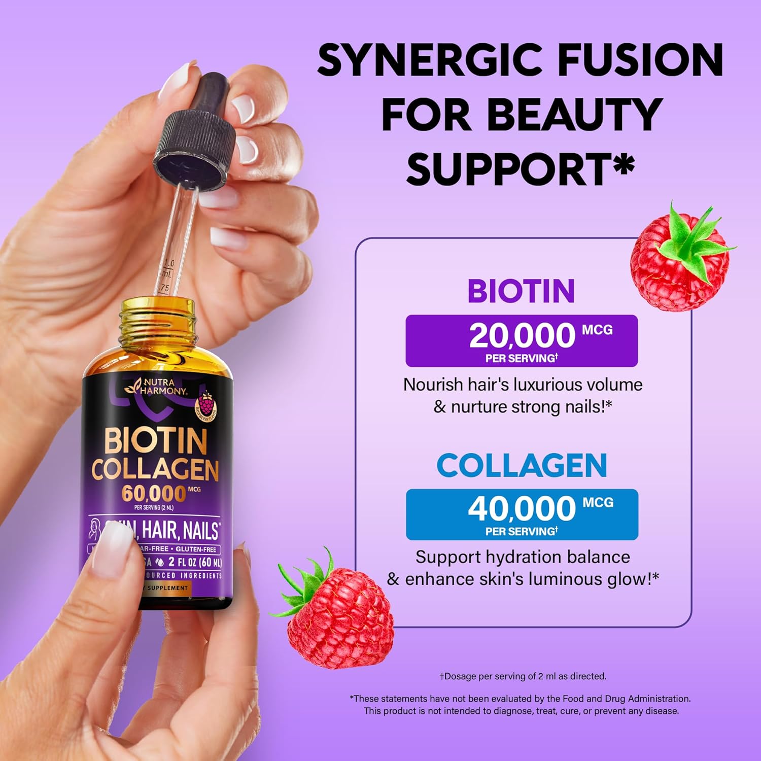 Liquid Biotin & Collagen 60,000 mcg - Vitamins for Hair Growth Support - Extra Strength Drops for Women & Men - Liquid Collagen SupTLement - Strong Nails & Healthy Skin - Made in USA - 2 Fl Oz