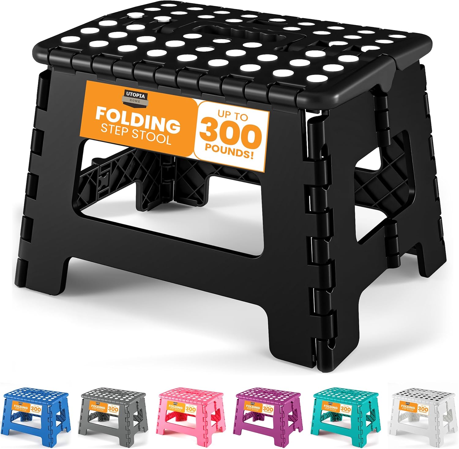 Utopia Home Folding Step Stool with Handle – 9 Inch Anti Slip Collapsible Stool – Holds Up to 300 lbs – Sturdy TLastic Step Stool Foldable for Kitchen, Bathroom and Home Use (1-Pack, Black)