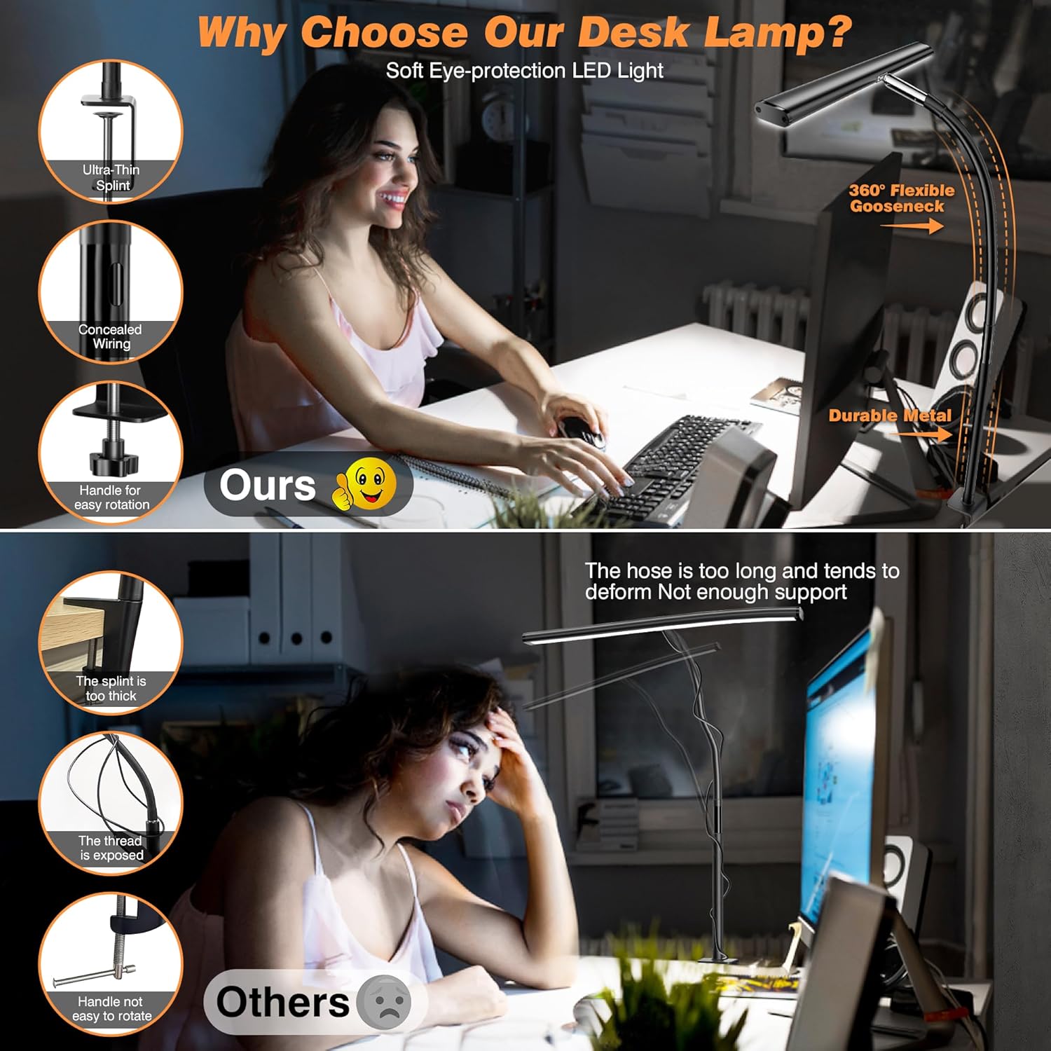 LED Desk Lamp for Office Home, Eye-Caring Desk Light with SteTLess Dimming Adjustable Flexible Gooseneck, 10W USB Adapter Desk Lamp with Clamp for Reading, Study, Workbench (Black)