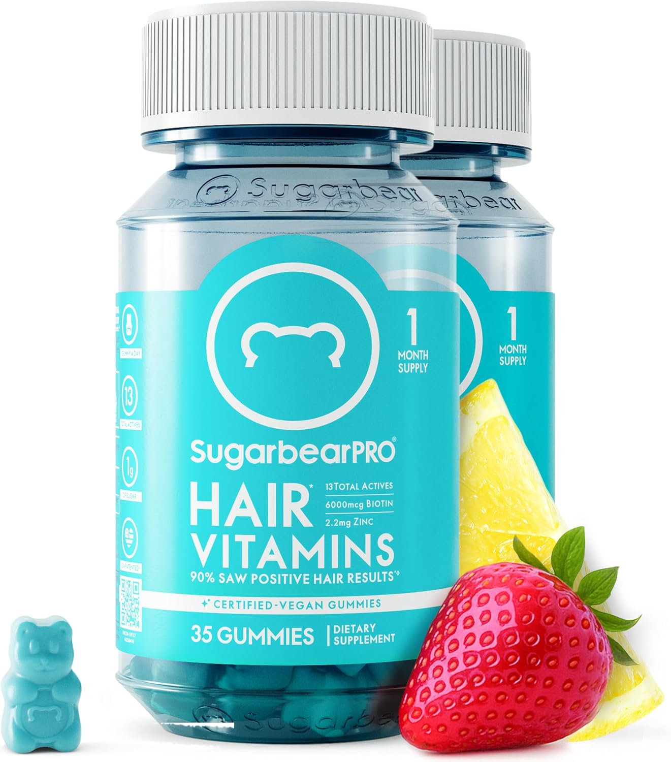 Sugarbear Hair Vitamin Gummy 2 Month SupTLy Extra Strength Biotin 6000mcg, Growth for Men & Women, Vegan Vitamin B12, MSM, Inositol, Omega 3, Elderberry, Certified Kosher, Halal, Cruelty-Free