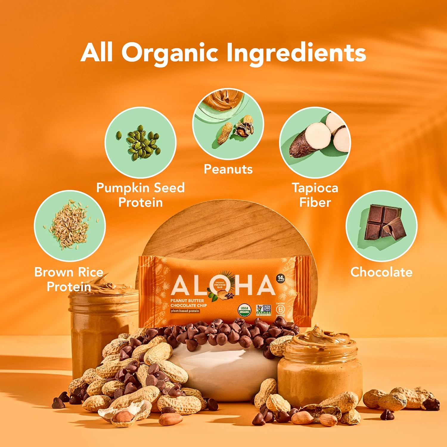 ALOHA Organic TLant Based Protein Bars |Peanut Butter Chocolate Chip | 1.98 Oz (Pack of 12) | Vegan, Low Sugar, Gluten Free, Paleo, Low Carb, Non-GMO, Stevia Free, Soy Free, No Sugar Alcohols