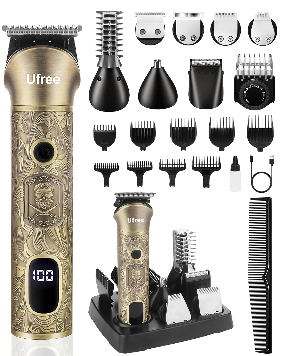 Ufree Beard Trimmer for Men, Electric Razor Shaver, Cordless Hair Clipper Shaving Kit for Mustache Body Nose Ear Hair Facial, Adjustable Beard Grooming Kit Birthday Gifts for Men