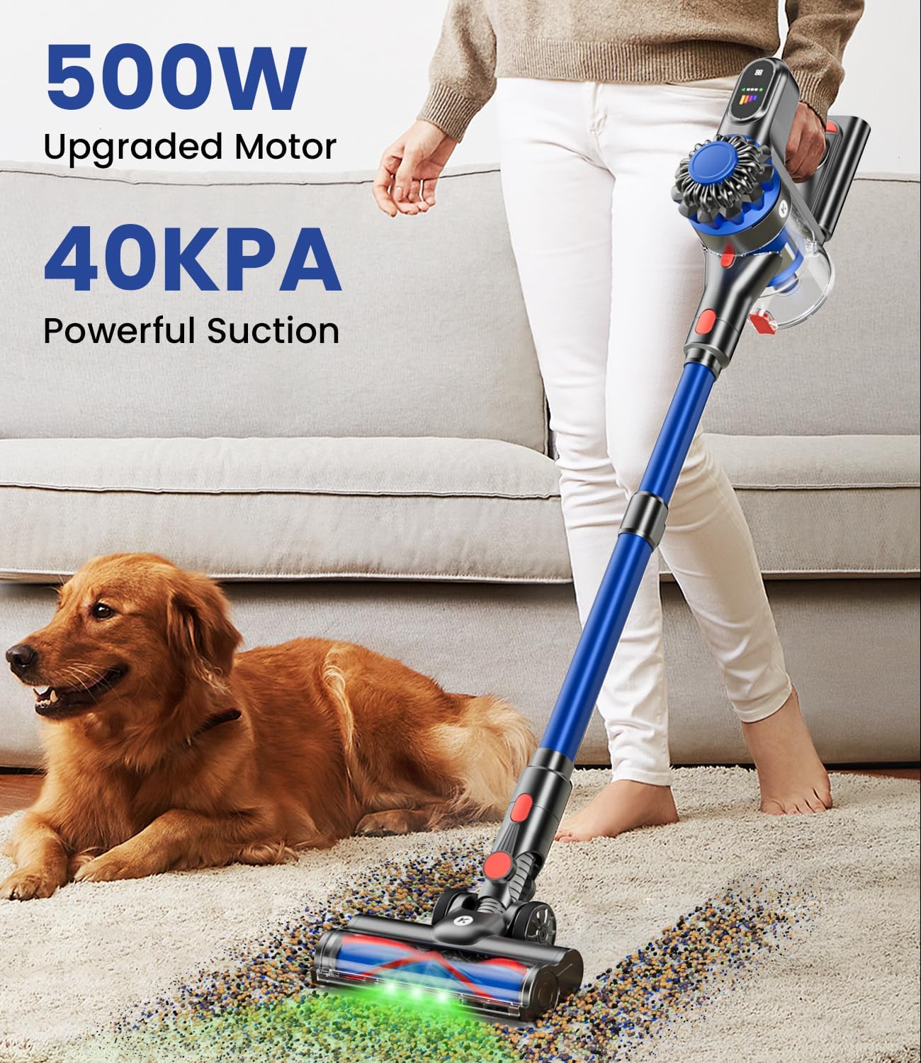 Cordless Vacuum Cleaner, 500W/40Kpa Vacuum Cleaners for Home, 60Mins Stick Vacuum with LED DisTLay, Anti-Tangle & Wall Mount Charging, 8 in 1 Lightweight Vacuum for Hard Floors Carpet Pet Hair