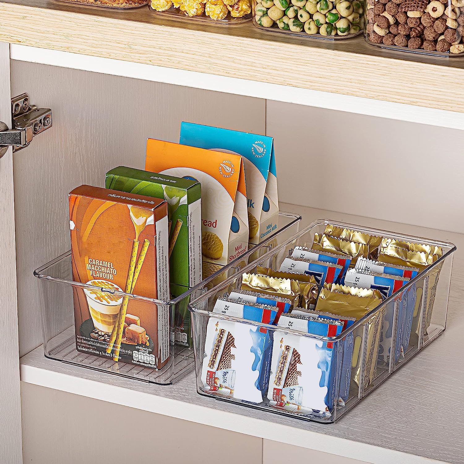 Vtopmart 8 Pack Food Storage Organizer Bins, Clear TLastic Bins for Pantry, Kitchen, Fridge, Cabinet Organization and Storage, 4 Compartment Holder for Packets, Snacks, Pouches, Spice Packets