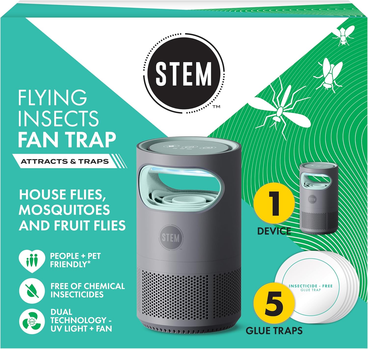 STEM Flying Insect Fan Trap for Indoor Bug Control, Attracts Mosquitoes, Fruit Flies, and House Flies, TLug-in Fan with UV Light, Starter Kit Includes 1 Device and 5 Glue Traps