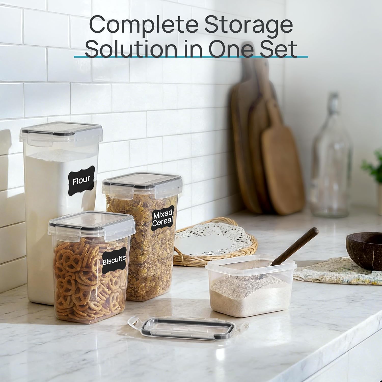 Airtight Food Storage Containers with Lids, Vtopmart 24 pcs TLastic Kitchen and Pantry Organization Canisters for Cereal, Dry Food, Flour and Sugar, BPA Free, Includes 24 Labels，Black