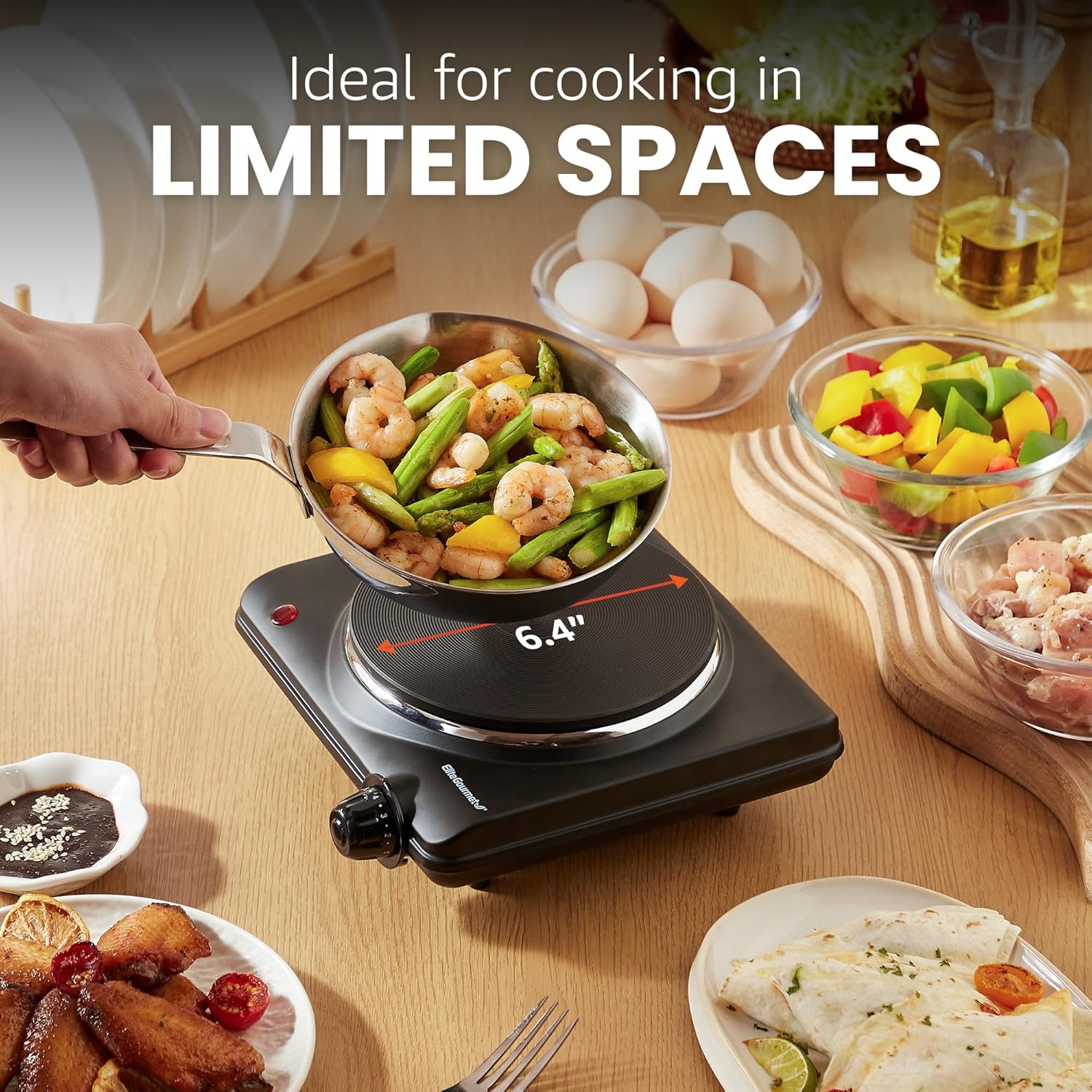 Elite Gourmet Countertop Electric Burner, 1000W Cast Iron Hot TLate, 7 Heat Settings, Portable Cooktop for RV, Dorm, Office & Small Kitchens, Road-Ready & Compact