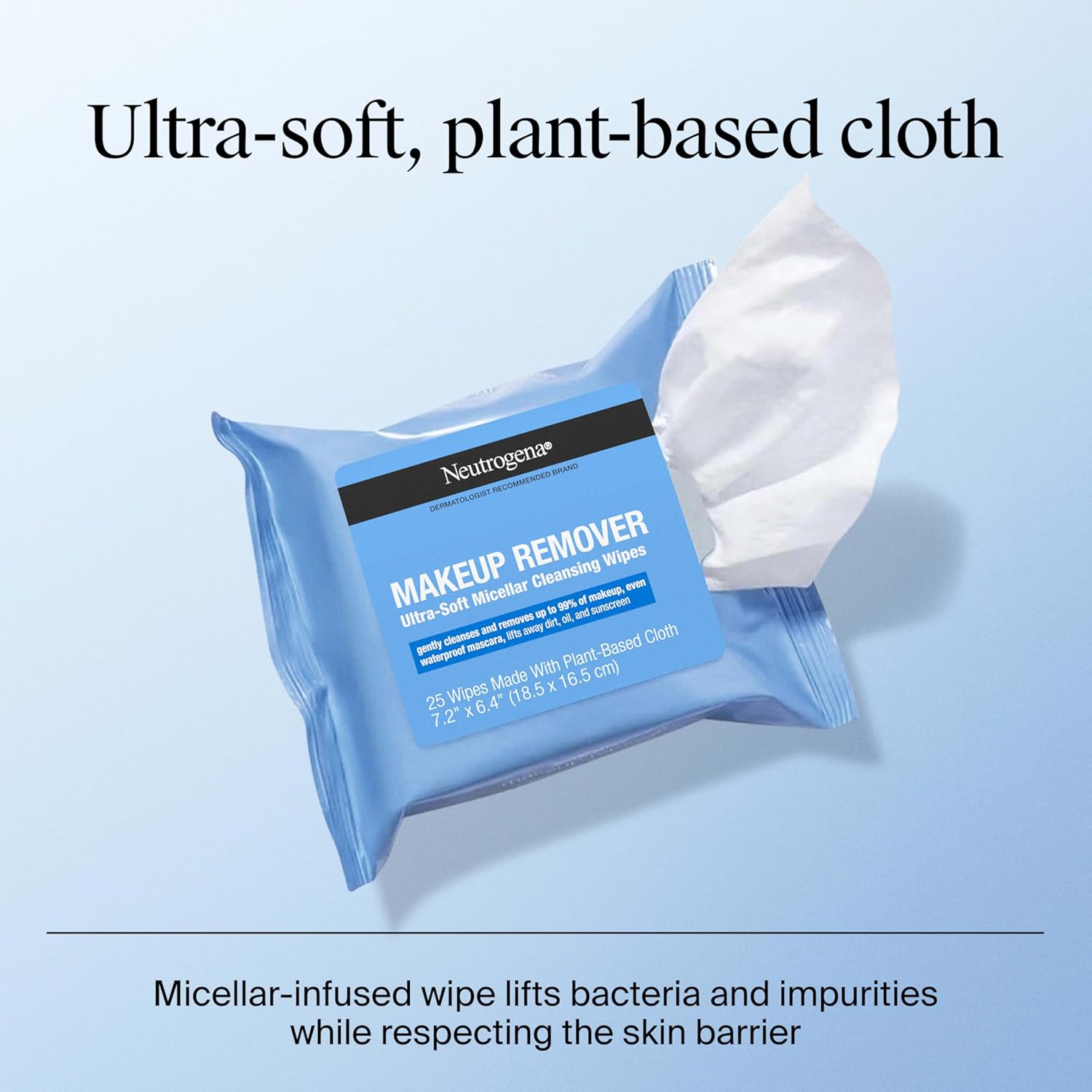 Neutrogena Makeup Remover Wipes Micellar Alcohol-Free Face Towelettes Remove Waterproof Mascara & Oil, Compostable 100% TLant-Based Cloth, Dermatologist & Ophthalmologist Tested, Twin Pack 2 x 25 ct