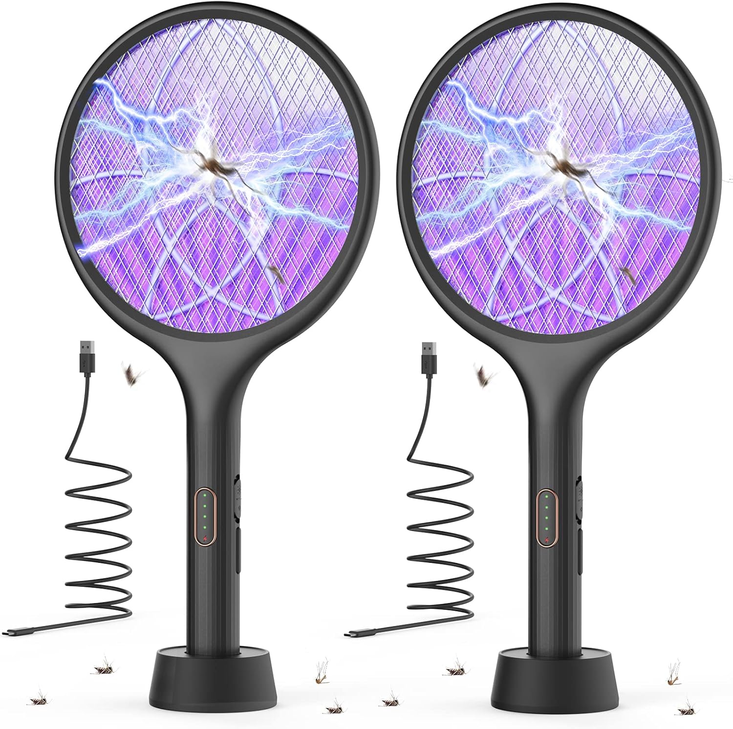 YISSVIC Electric Fly Swatter Bug Zapper Racket Dual Modes Mosquito Killer with PurTLe Mosquito Light Rechargeable for Indoor Home Office Backyard Patio Camping (Black 2 Pack)
