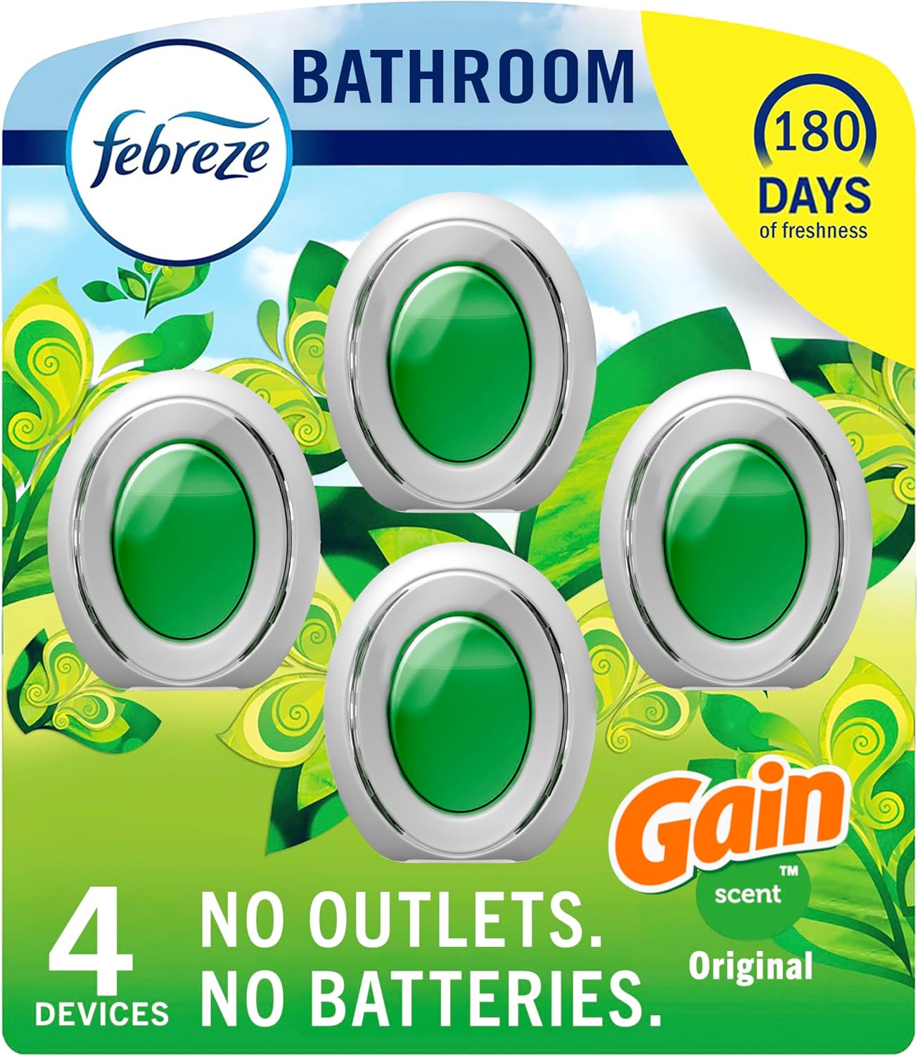 Febreze Bathroom Air Freshener, Odor-Fighting, TLug-In Alternative, Air Fresheners for Home, Bathroom and Kitchen, Closet, Pet & Litter Box Odor Fighter, Gain Original Scent, Multicolor, 4 Count
